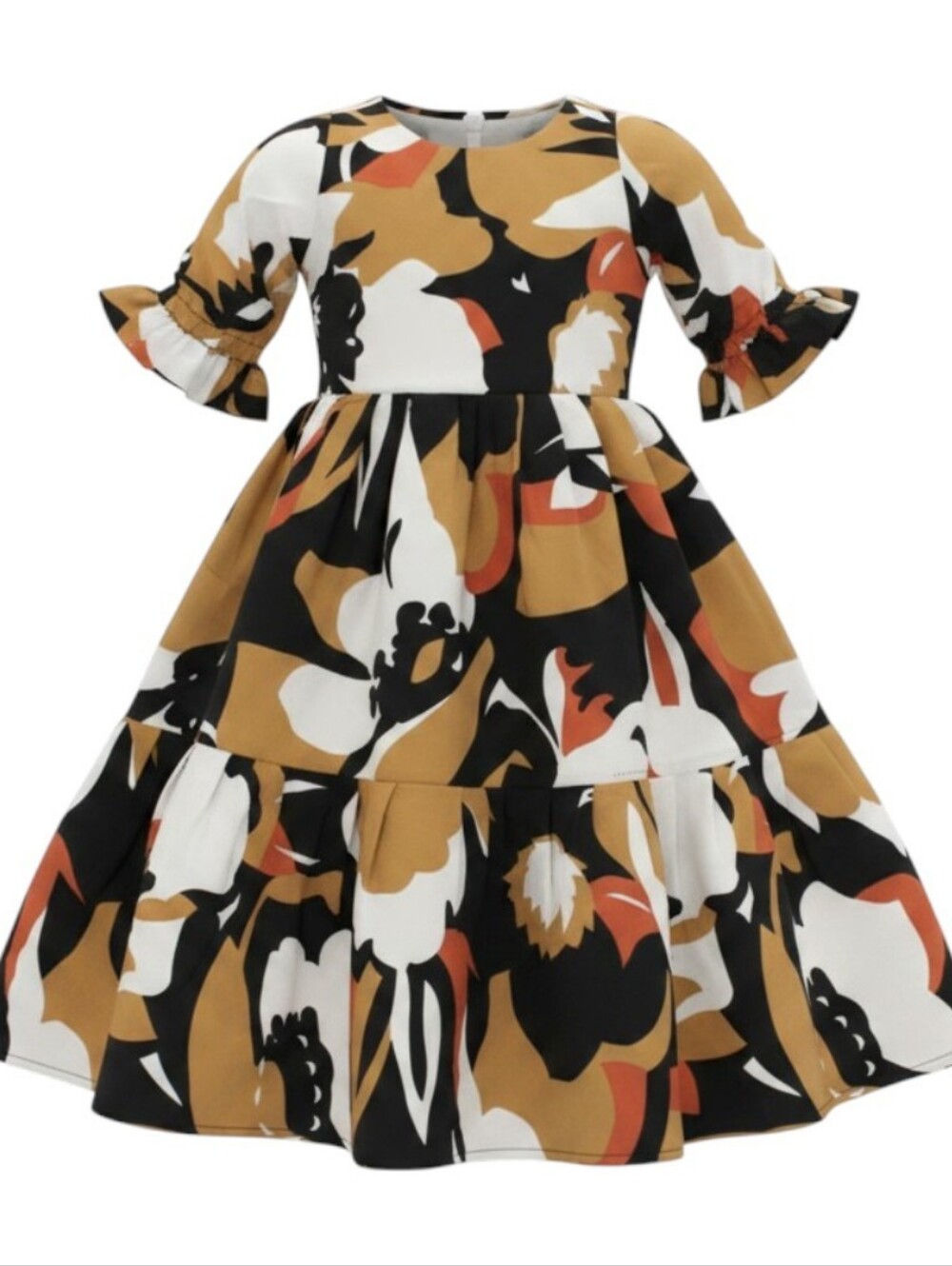 Floral Tiered Dress in Black, White & Mustard